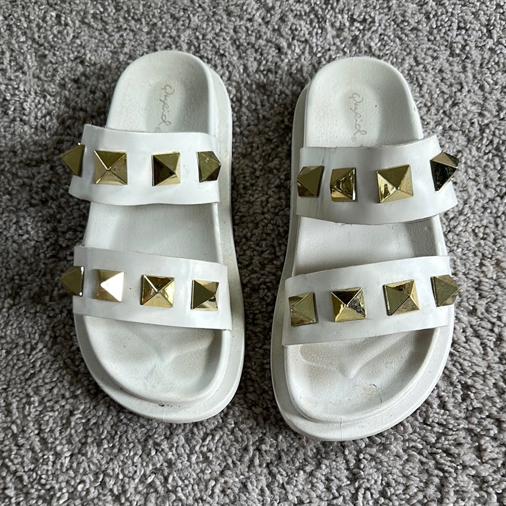 White Slide Sandals with Gold Studs